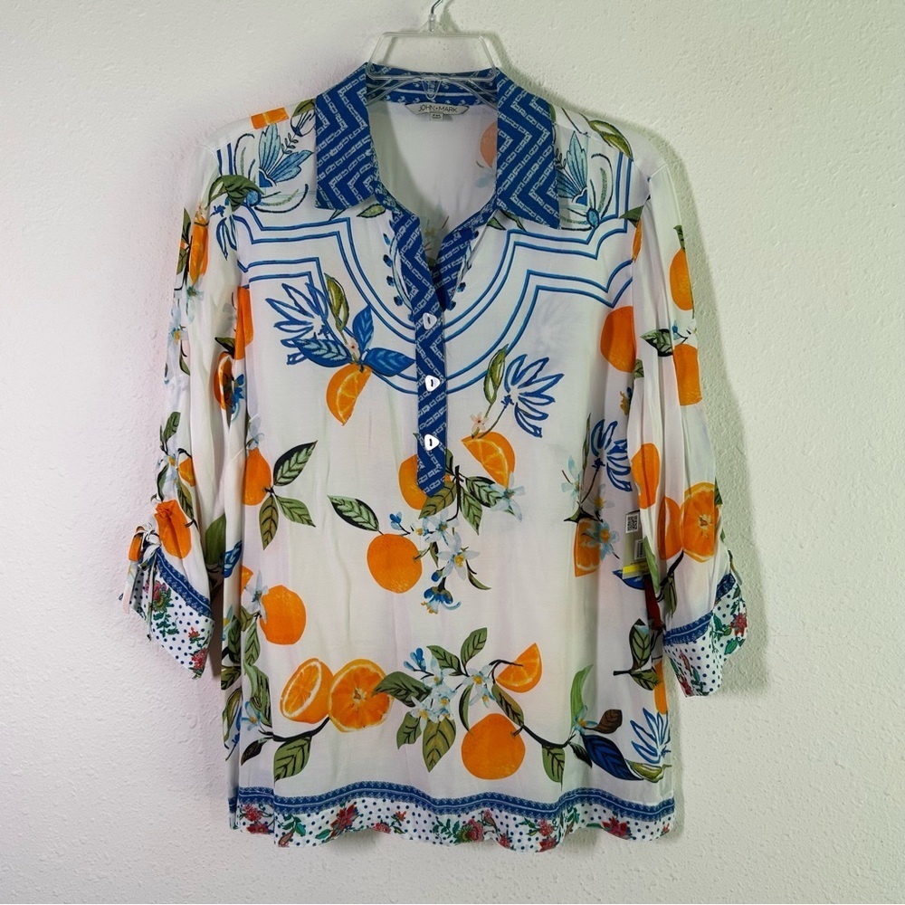 John Mark Top BOHO Tropical 1/2 Button Orange Fruit 3/4 Sleeves Sz Petite Med MP